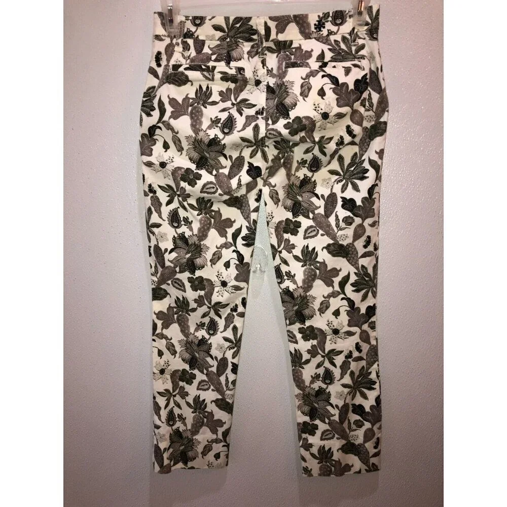 Tory Burch Size 25 White Beige Leaves Stretch Pockets Flat Front Chino Pants